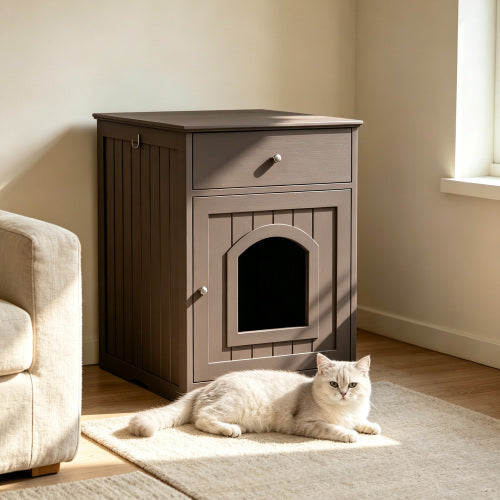 Wooden Cat House with Hidden Litter Box